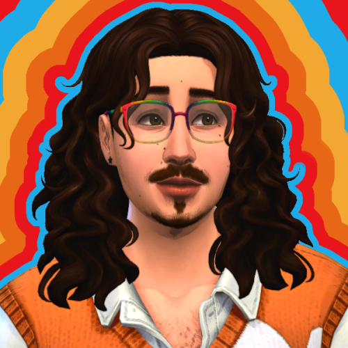 An image of a character made in the sims. The character is a man with long hair and a beard, in rainbow glasses and a sweater vest with dress shirt underneath.