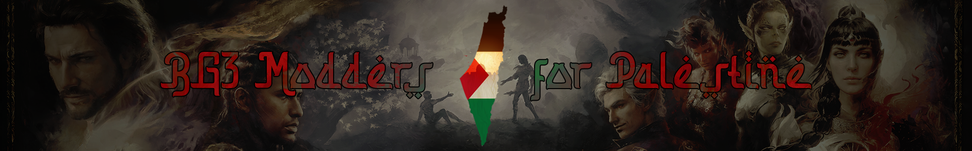 A painting of several Baldur's Gate 3 characters, with a Palestinian flag in the shape of Palestine itself, and the words 'BG3 Modders for Palestine' laid on top of it.